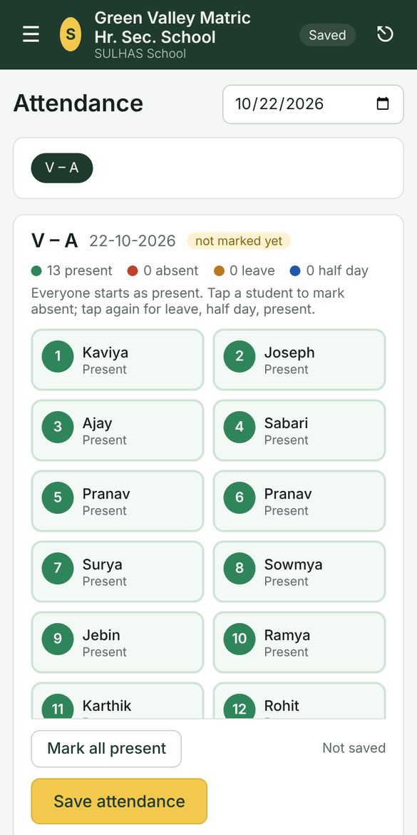 Attendance screen on a phone